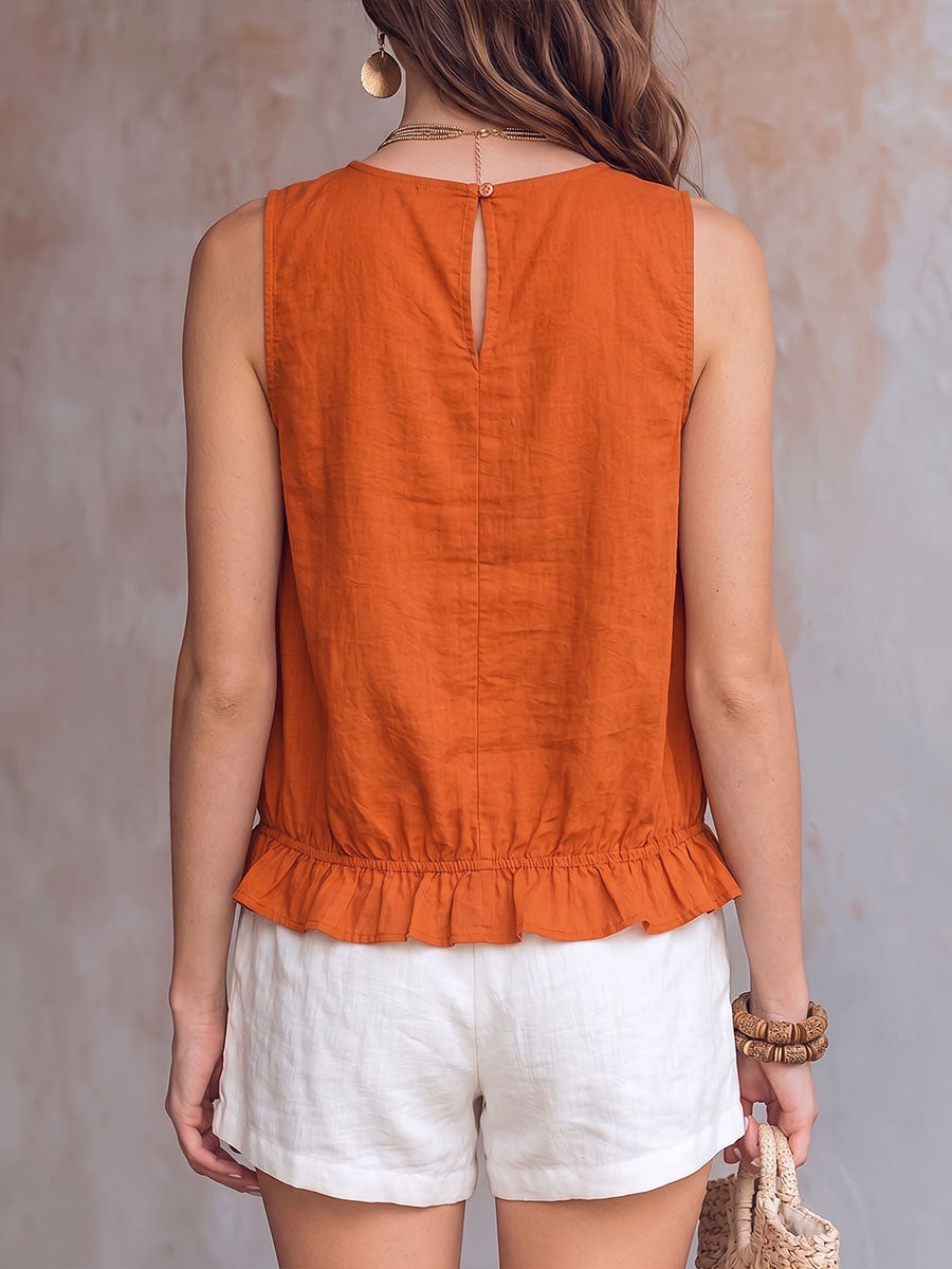 Women's Solid Color Crew Neck Sleeveless Casual Loose Pleated Cotton-linen Top