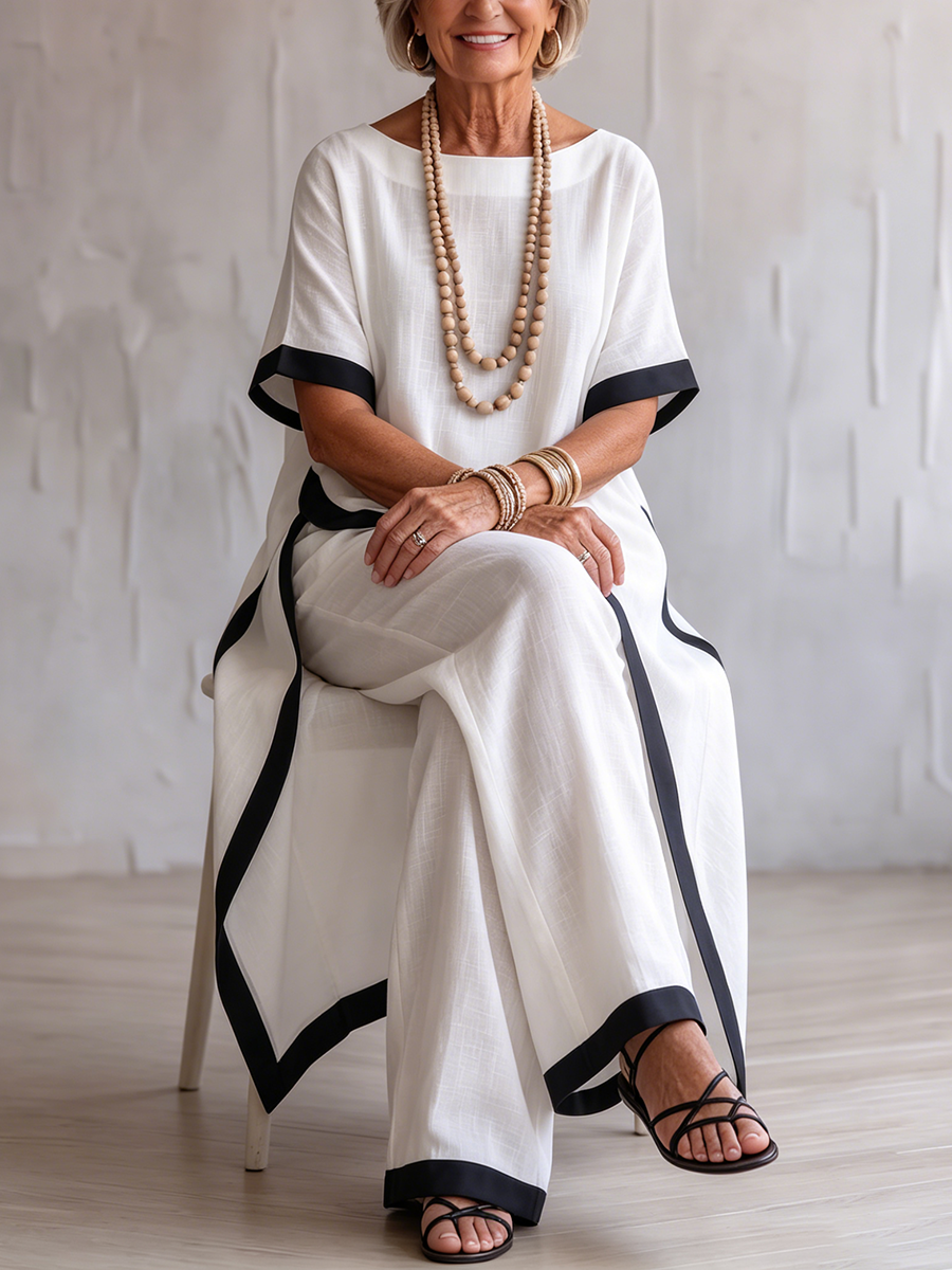 Timeless Elegance – Contrast-trim Cotton-linen Two-piece Set