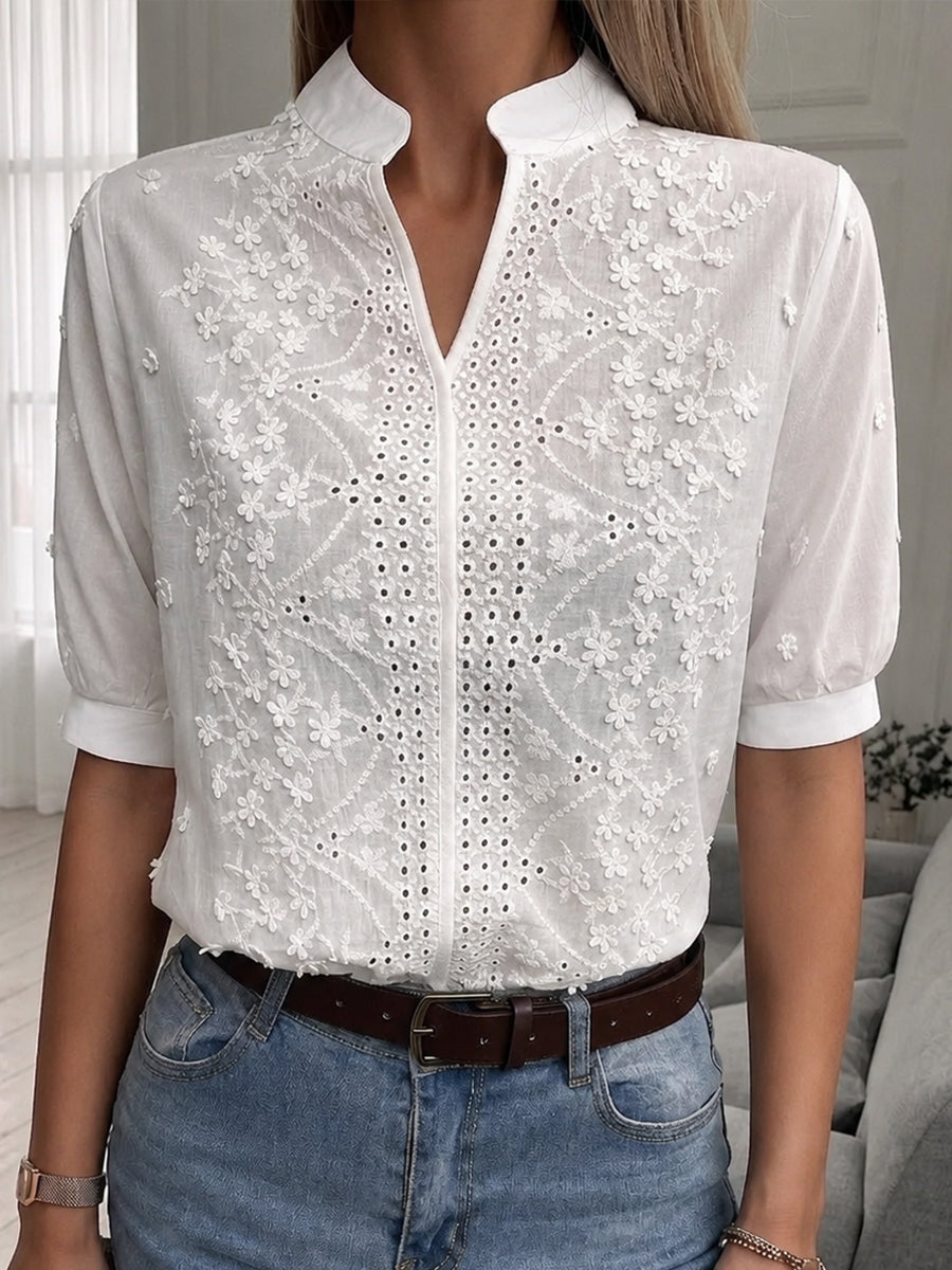 Floral Embroidered Cut-out Linen-cotton Shirt