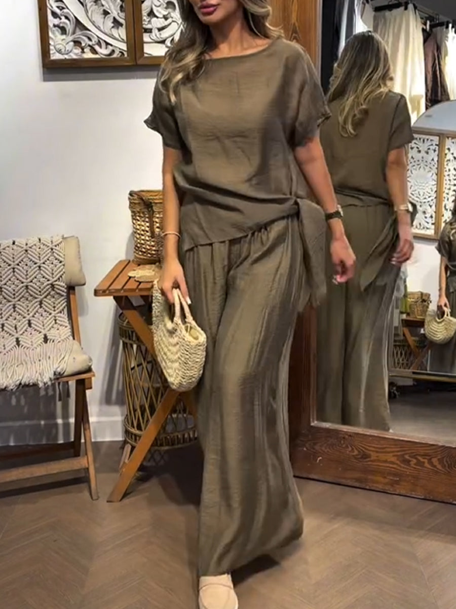 Cozy, Loose-fitting Tencel-cotton Top And Wide-leg Trousers Two-piece Set