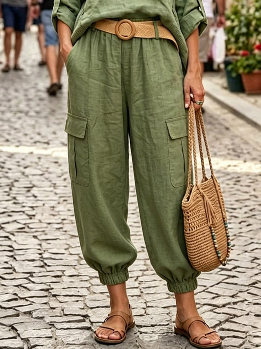 Women's Casual Long Sleeve Top And Pants Cotton And Linen Two-piece Set
