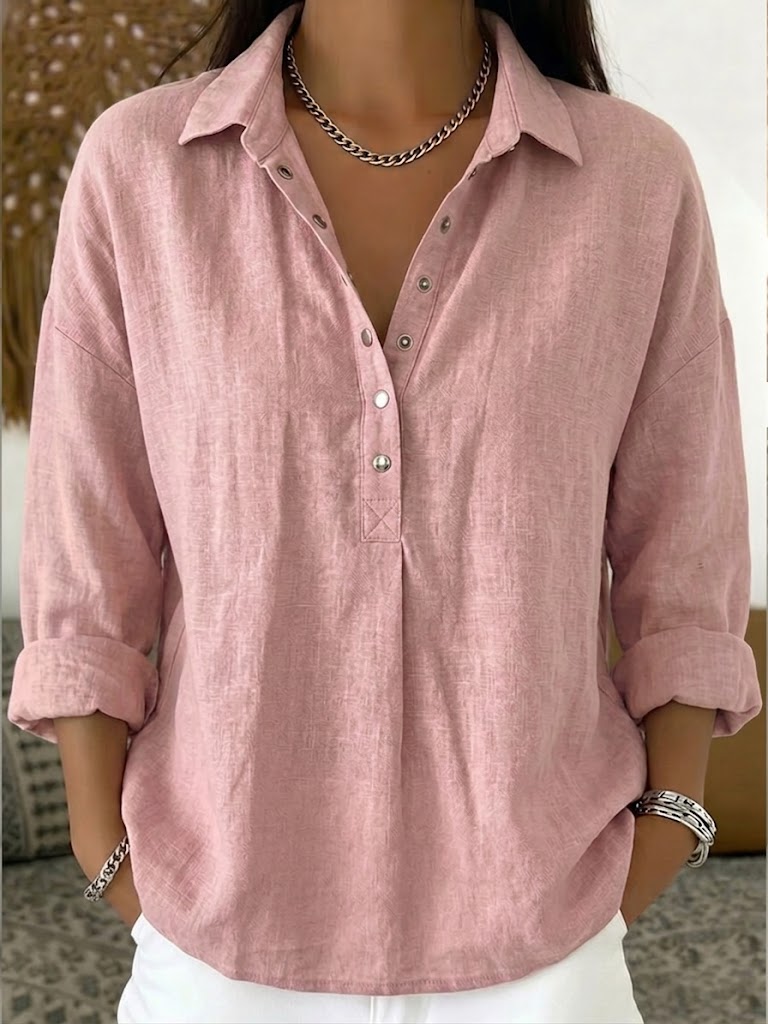 Casual Long-sleeve Linen-cotton Shirt With Metal Snaps