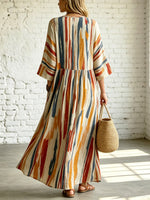 Women's Abstract Striped Art Casual Stylish V-collar 3/4 Sleeve Cotton Linen Maxi Dress
