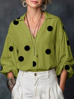 Polka-dot Loose-fitting Top With A Partial Button-front Neckline And Long Puff Sleeves