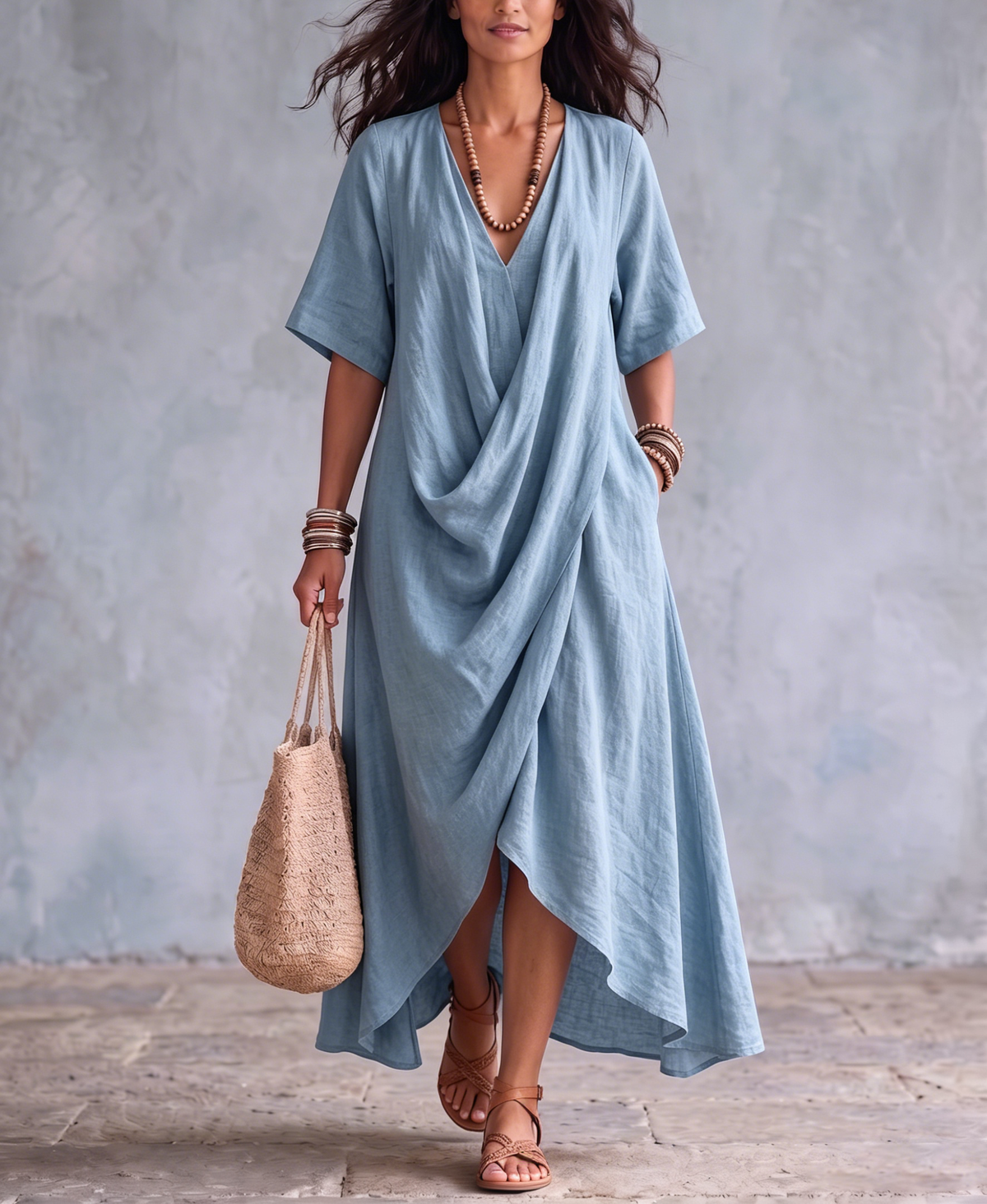 Elegant Cowl-neck Cotton-linen Dress