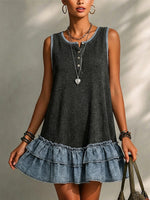 Distressed Knit Denim-trimmed Sleeveless Double-layer Ruffle Dress With A Partial Button Placket