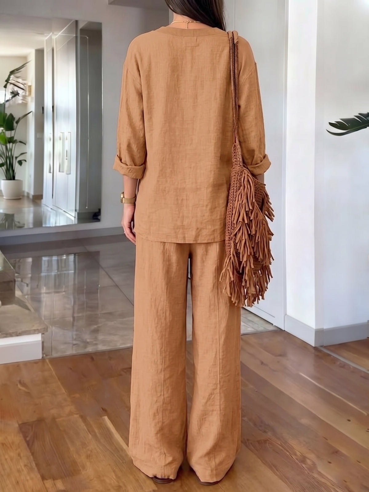 Women's Casual Long-sleeve V-neck Pullover & Pants Set – Washed Cotton (available In Multiple Colors)