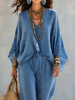 Women's Retro Polka Dot Art Print Casual Top And Pants Two-piece Set
