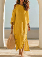 Relaxed-texture Linen Dress Featuring A One-shoulder Cutout, Rolled Sleeves, A Button-front Placket, And A Side Slit
