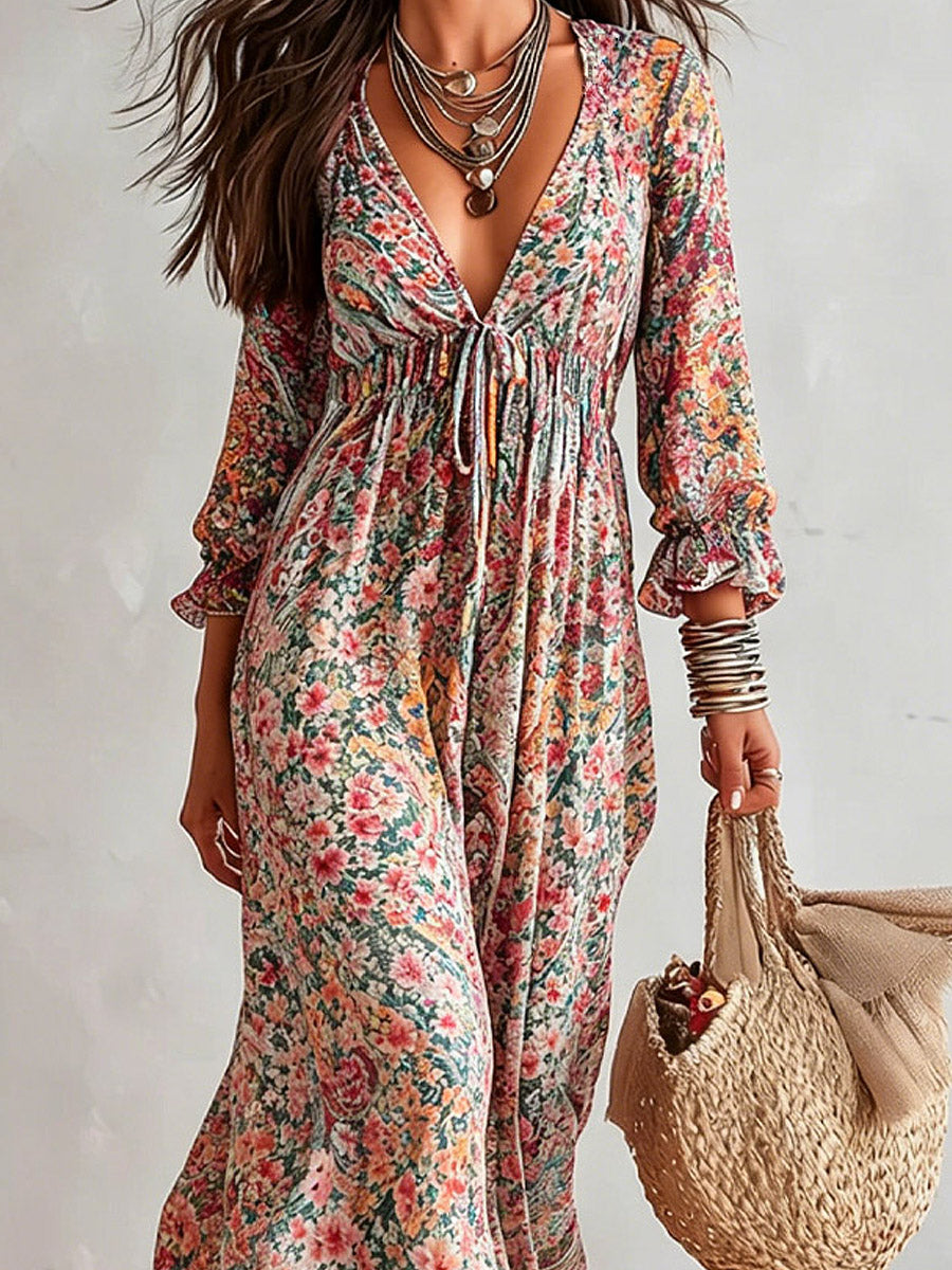 Women's Retro Floral Art Print Casual Long Sleeve Maxi Dress