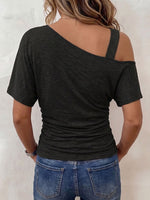 Women's Solid-color Asymmetric Neck Short-sleeve Casual Loose Cotton Top