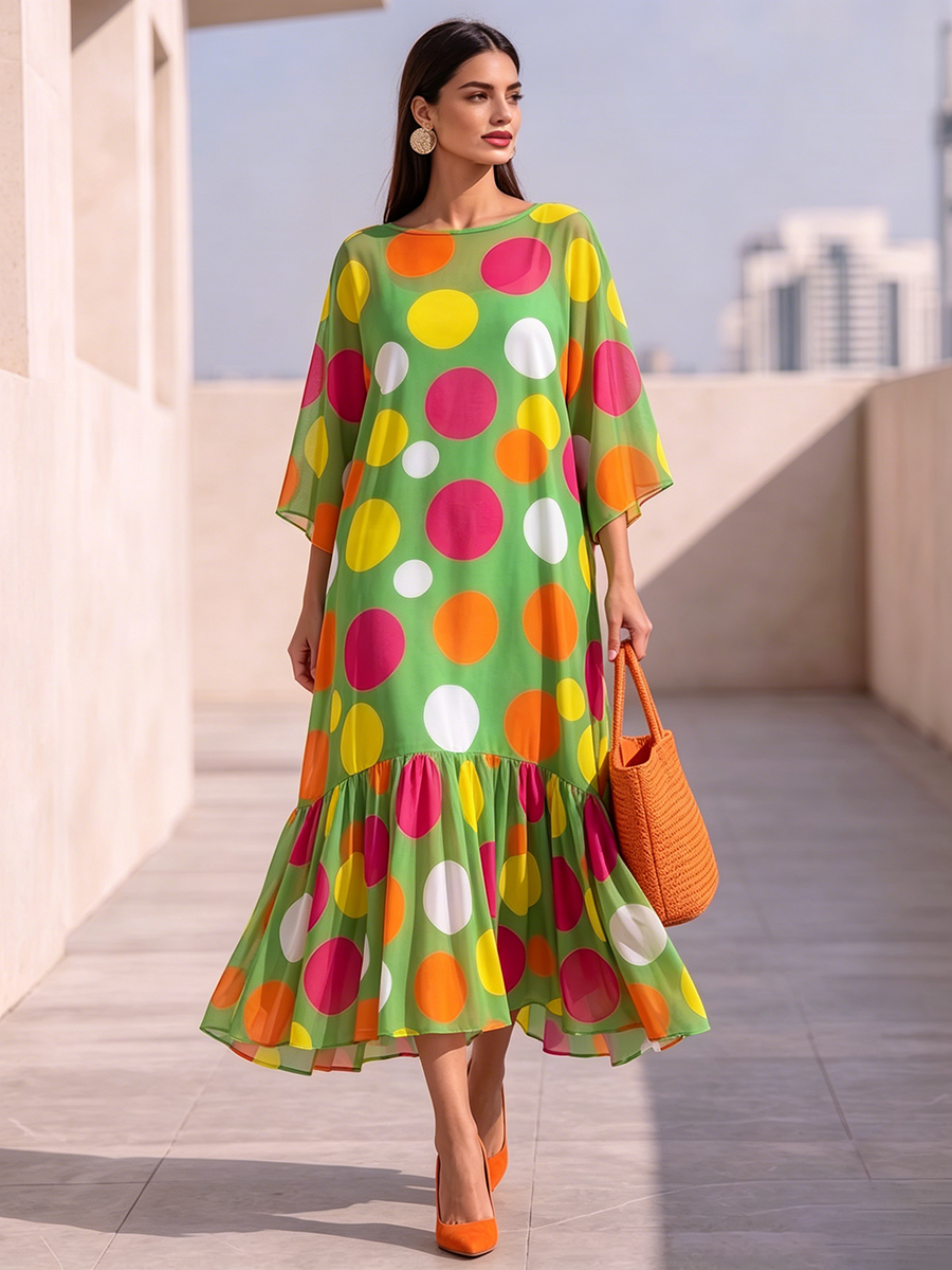 Elegant Chiffon Dress With Artistic Polka-dot Print