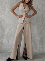 V-neck Sleeveless Vest And Trousers With Slits, Wide-leg Suit.