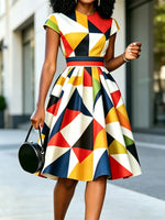 Women's Geometric Pattern Print Chic Art Casual Stylish Midi Dress