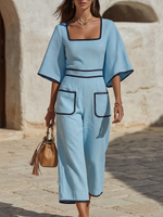 Elegant Light Blue Cotton-linen Jumpsuit With Chic Contrast Trim Details