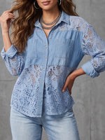 Romantic Lace-Spliced Chambray Denim Blouse