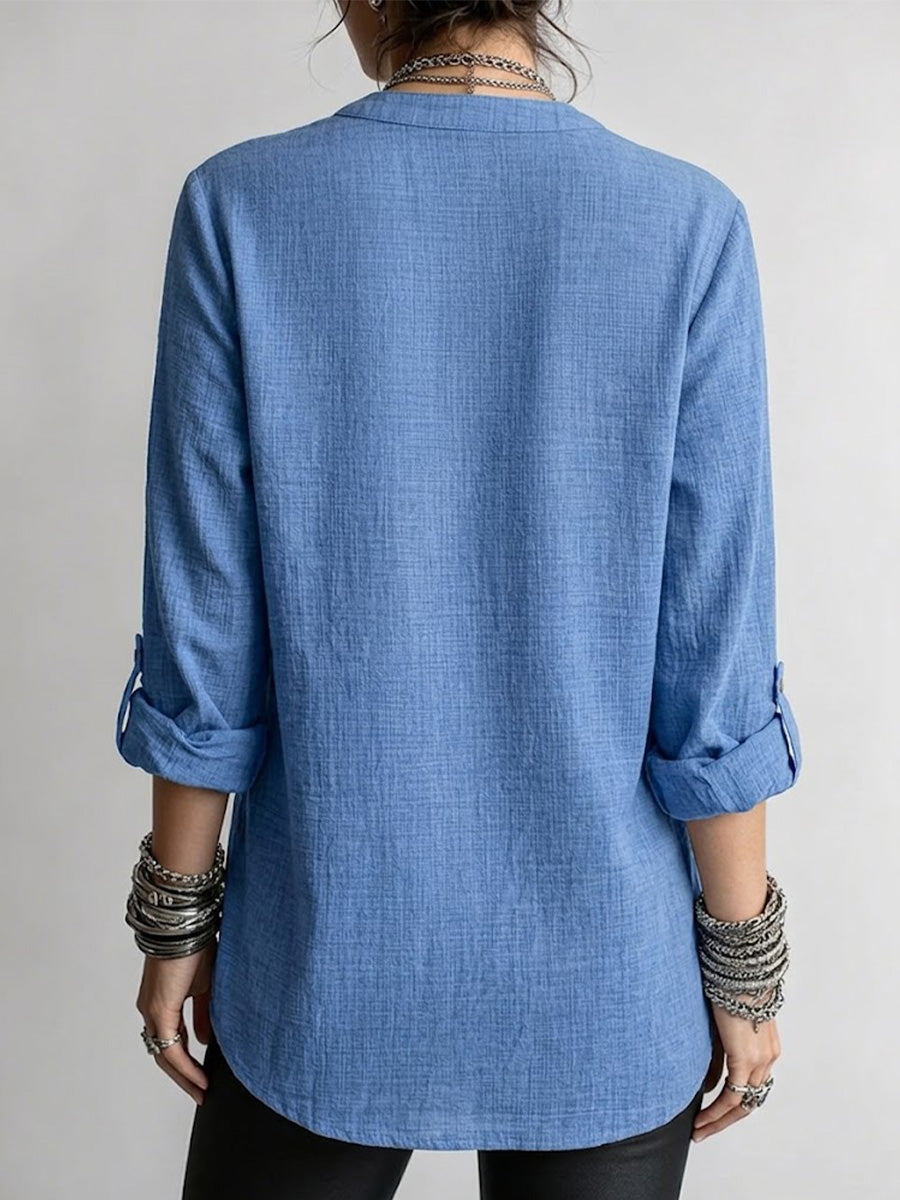 Long-sleeve Linen Top Featuring A Split Mandarin Collar, V-neck, Roll-up Sleeves, And Patch Pockets