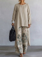 Two-piece Set Featuring A Floral Print Wide-leg Linen Pant And A Long, Side-slit Tunic With A Round Neck And Roll-tab Long Sleeves
