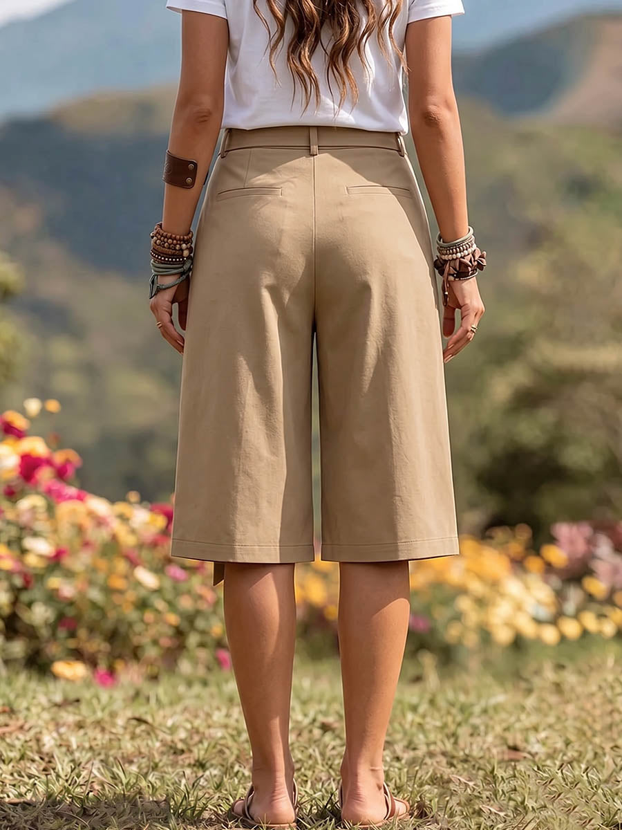 Women's Solid-color High-waisted Casual Loose Wide-leg Knee-length Shorts