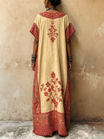 Women's Retro Floral Art Casual Stylish V-collar Short Sleeve Cotton Linen Maxi Dress