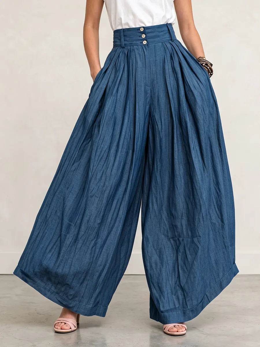 Dramatic Tancel Denim High-waisted Pleated Palazzo Pants