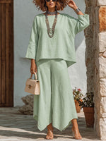 Women's Solid-color Cotton-linen Set: Loose Long-sleeve Crew-neck Top & High-waisted Wide-leg Pants