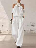 Women's Off-shoulder Halter Art Comfortable Casual Top And High-waisted Wide-leg Pants Cotton Linen Two-piece Set