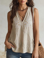 Casual Sleeveless Linen-cotton Embroidered Top