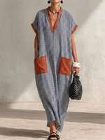 Casual Resort Contrast Cuff Gingham Loose Straight V-neck Ankle-length Linen Dress