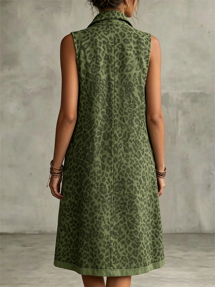 Two-piece Set Featuring An Olive Green Leopard-print Long, Sleeveless Zip-front Vest Dress And A Solid-colored Tank Dress.