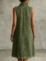 Two-piece Set Featuring An Olive Green Leopard-print Long, Sleeveless Zip-front Vest Dress And A Solid-colored Tank Dress.