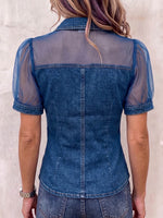 Women's Casual Loose-fit Denim Cardigan Top With Chiffon Panels Lapel Collar And Short Sleeves