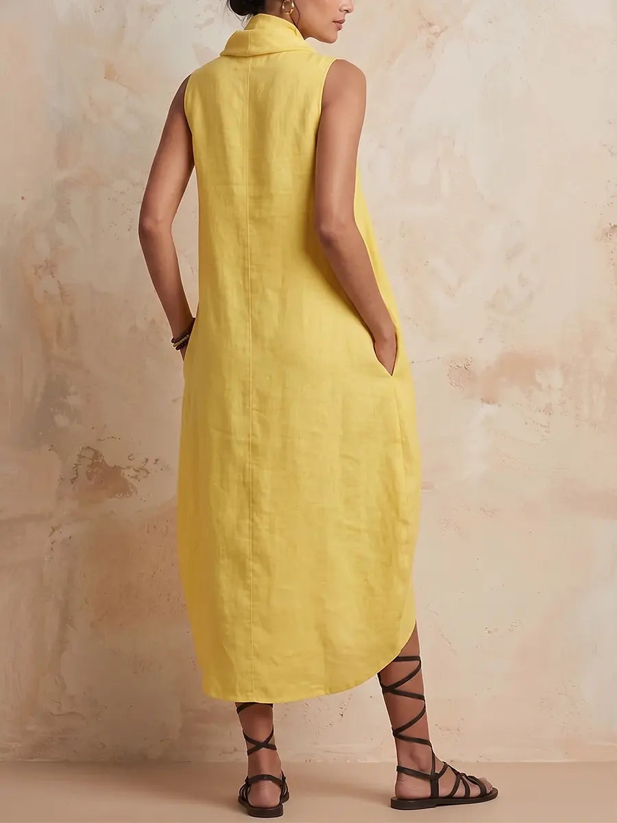 Elegant Yellow Cowl Neck Linen Dress