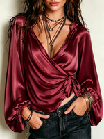 Satin Wrap-style Blouse Featuring A Folded Crossover Shoulder Design, Side-drawstring Waist, And Loose-fitting Puffed Long Sleeves