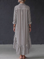 Women's Striped Print Cotton-linen Casual Loose Dress With Collar And Long Sleeves