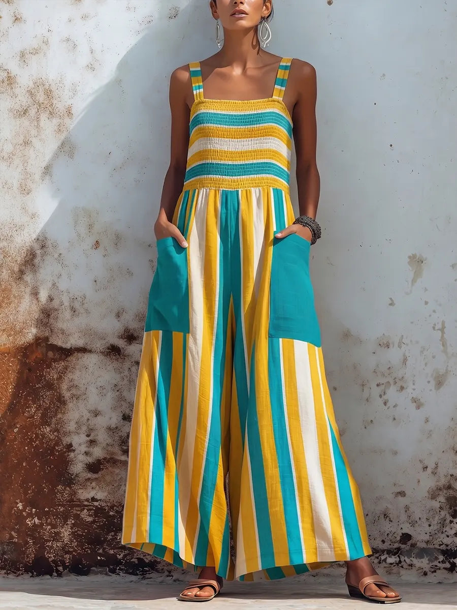 Vibrant Striped Smocked Wide-Leg Jumpsuit