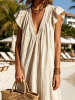 Women's Ruffle Art Casual Stylish V-collar Cotton Linen Maxi Dress