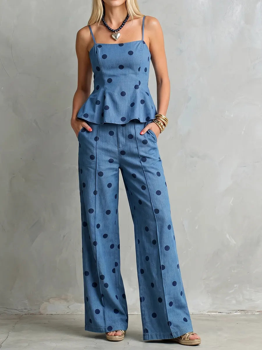 Elegant Denim-Style Polka Dot Peplum & Wide-Leg Pant Set