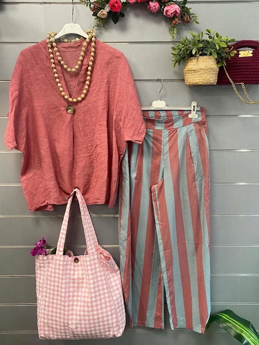 Two-piece Set Featuring A Casual Linen-cotton Top And Striped Trousers.