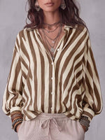 Women's Striped Print Long-Sleeve Cotton-Linen Shirt with Collar – Loose Casual Fit