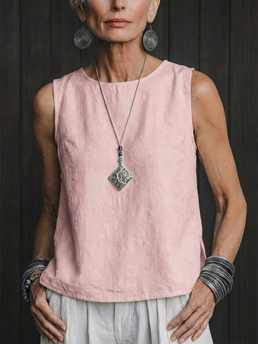Cotton And Linen Jacquard Sleeveless Loose Slimming Artistic Casual Vest Pure Cotton Top