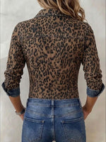 Stylish Casual Denim Zip-up Shirt With Leopard Print Panels