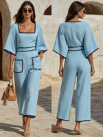 Elegant Light Blue Cotton-linen Jumpsuit With Chic Contrast Trim Details