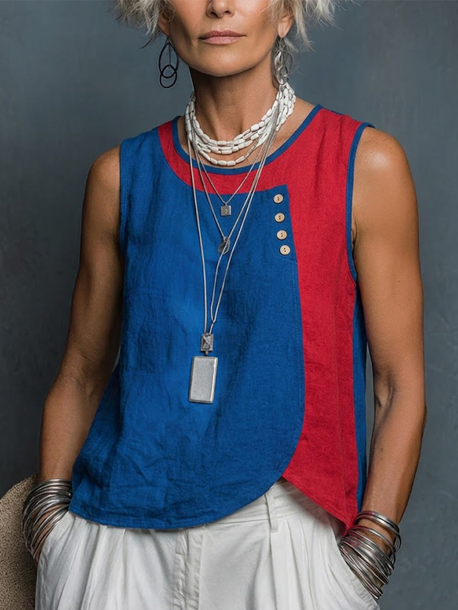 Color-block Cotton-linen Tank Top With A Round Neck, Sleeveless Design, And Asymmetrical Curved Hem