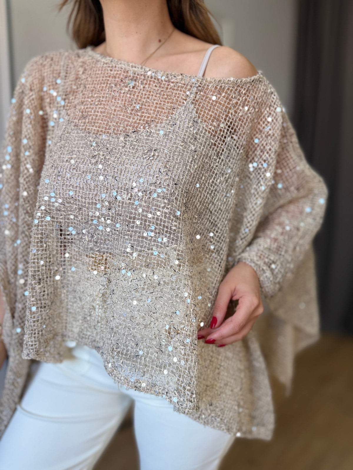 Women's Off-shoulder Irregular Hem Sequined Mesh Party Top
