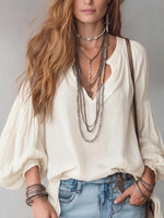 Women's Casual Loose Long Sleeve Art Round V Collar Shirt
