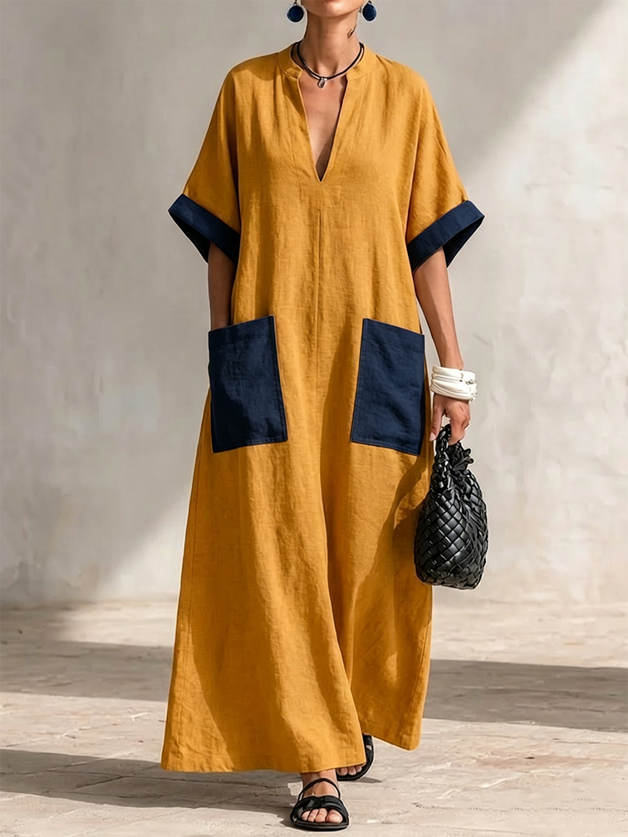 Color-block Patch Pocket, Stand-collar, Side-slit V-neck, Cuffed Short-sleeve, Long Cotton-linen Blend Vacation Dress