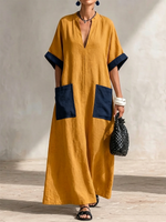 Color-block Patch Pocket, Stand-collar, Side-slit V-neck, Cuffed Short-sleeve, Long Cotton-linen Blend Vacation Dress