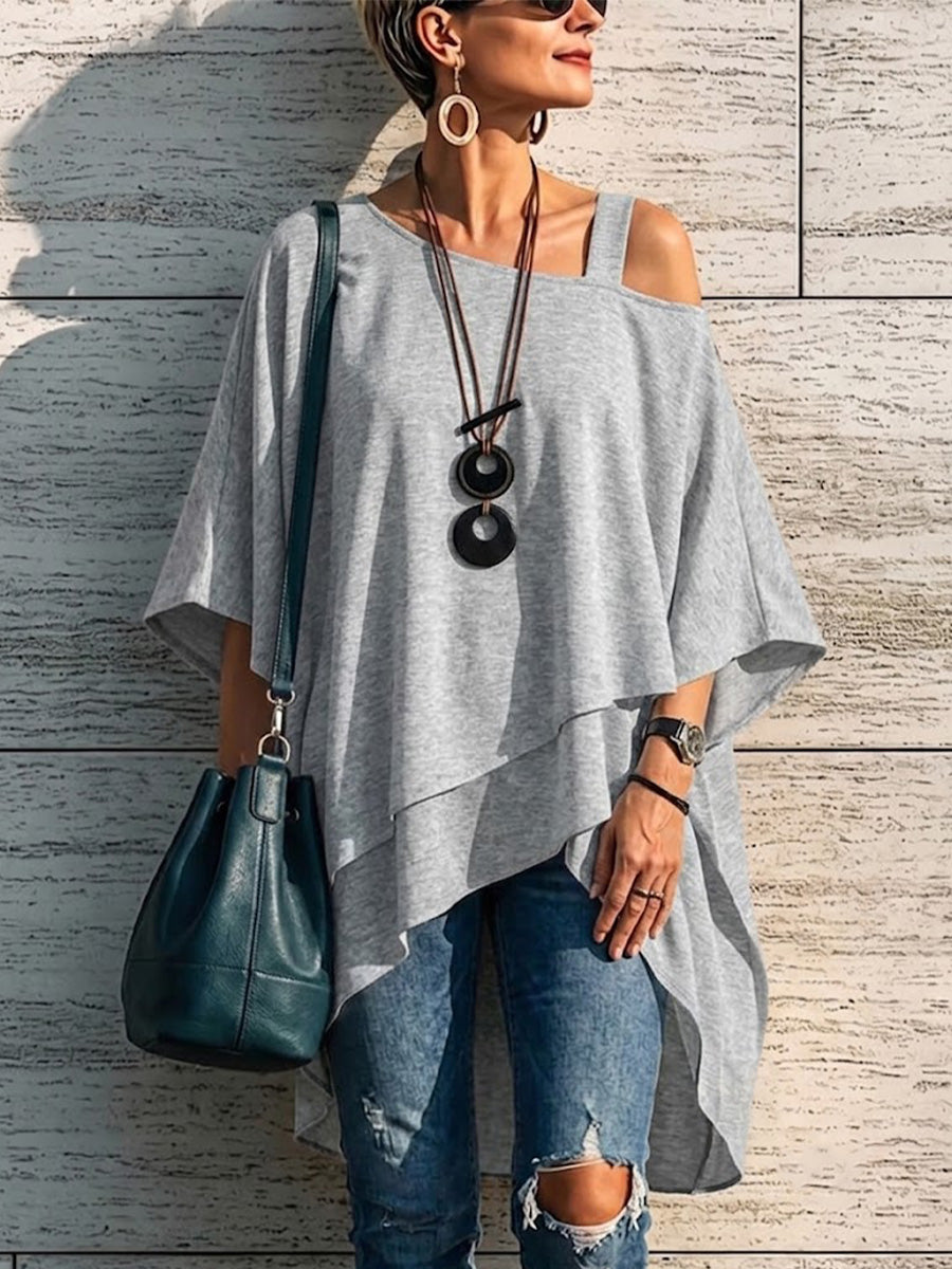 Asymmetrical Off-shoulder Top With A Single Spaghetti Strap, Irregular Hem, And Loose Fit