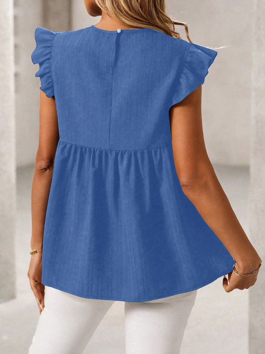 Women's Casual Ruffled Stylish Embroidered Art Round Collar Loose Shirt